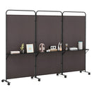 3-Panel Folding Room Divider with 3 Metal Shelves and Lockable Wheels-Brown