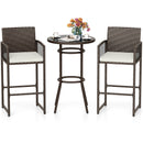 3 Piece Patio Bar Set Outdoor Wicker Bar Height Round Table and Armchairs-White
