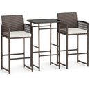 3 Piece Patio Bar Set Outdoor Wicker Bar Height Table and Armchairs with 2 Seat Cushions-White
