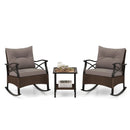 3 Pieces Outdoor Rattan Rocking Chairs Set with 2-Tier Side Table for Garden Backyard-Brown by DirectDeals