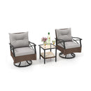 3 Pieces Outdoor Swivel Rocking Chairs Set with 2-Tier Tempered Glass Side Table-Brown by LJGDeals