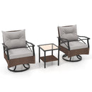 3 Pieces Outdoor Swivel Rocking Chairs Set with 2-Tier Tempered Glass Side Table-Brown