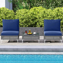 3 Pieces PE Rattan Conversation Chairs with Tempered Glass Coffee Table for Garden Porch-Navy by LJGDeals