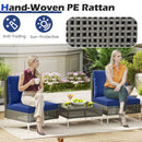 3 Pieces PE Rattan Conversation Chairs with Tempered Glass Coffee Table for Garden Porch-Navy by LJGDeals