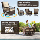 3 Pieces Patio Furniture Set PE Wicker Swivel Glider Chairs with 2-Tier Side Table and Cushions-Brown