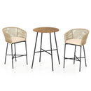 3 Pieces Rope Woven Patio Bar Set with Soft Cushions and Acacia Wood Tabletop-Beige by LJGDeals