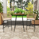 3 Pieces Rope Woven Patio Bar Set with Soft Cushions and Acacia Wood Tabletop-Beige