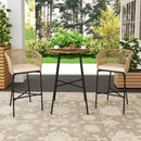 3 Pieces Rope Woven Patio Bar Set with Soft Cushions and Acacia Wood Tabletop-Beige by LJGDeals