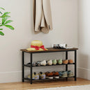 3-Tier Shoe Rack Shoe Bench with Metal Slat Shelves and Long Wooden Seat-Rustic Brown by LJGDeals