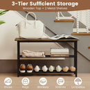 3-Tier Shoe Rack Shoe Bench with Metal Slat Shelves and Long Wooden Seat-Rustic Brown by LJGDeals