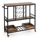 3 Tiers Bar Cart on Wheels with Glass Racks-Rustic Brown by DirectDeals