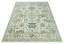 Ivory Beige Teal Wool Oushak Hand-Knotted Area Rug - Traditional
