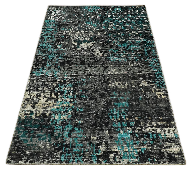 5x8 Hand Knotted Charcoal, Ivory and Blue Modern Abstract Contemporary Recycled Silk Area Rug | OP68