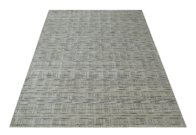 Checkered 8x10 Hand Made Gray, Black and Silver Scandinavian Blended Wool Flatwoven Area Rug | KE37