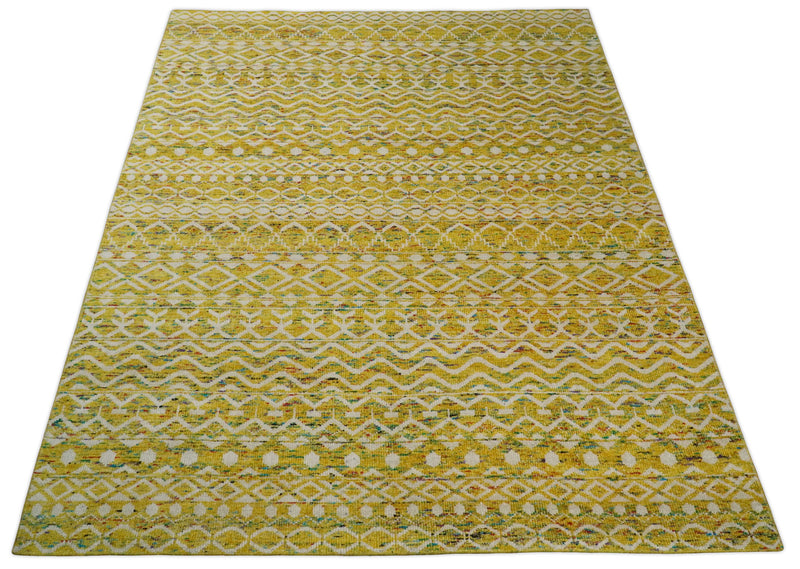 8.7x11.4 Hand Knotted Gold and White Ivory Contemporary Southwestern Tribal Trellis Recycled Silk Area Rug | OP4