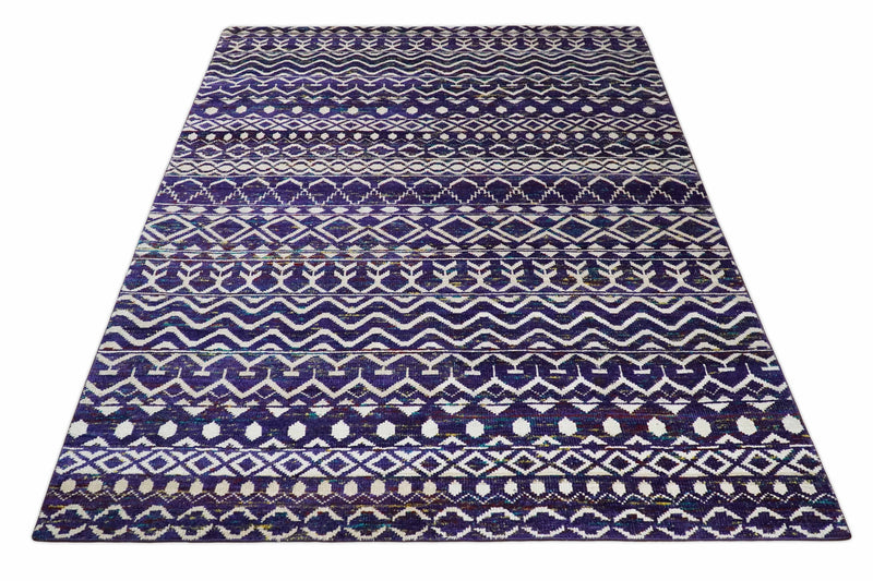 4x6 and 8x10 Hand Knotted Blue and White Modern Contemporary Southwestern Tribal Trellis Recycled Silk Area Rug | OP6