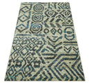 Hand Knotted Beige, Charcoal and Blue Antique Design Contemporary Recycled Silk Rug