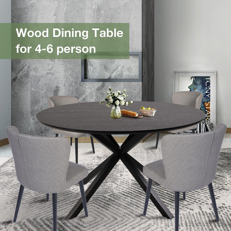 53" Mid-Century Modern Round Dining Room Table for 4-6 Person W/Solid Metal Legs, Black Wood Grain