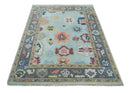 Blue Gray Turkish Oushak Hand Knotted Wool Area Rug - Vintage