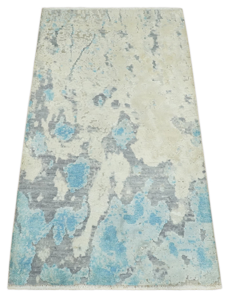 2x4 Modern Abstract Ivory, Blue and Charcoal Wool and Silk Rug| N7324