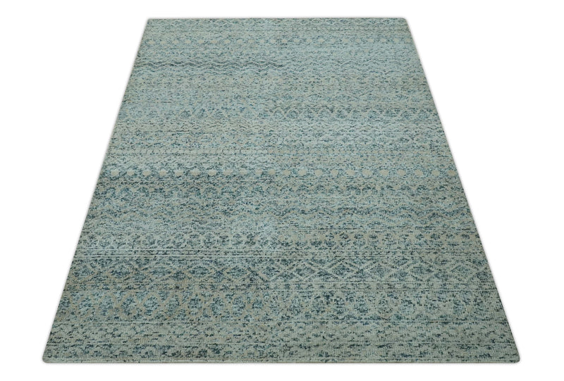 6X9 Teal and Beige Hand Knotted Southwestern Tribal Trellis recycled silk Rug