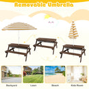3-in-1 Kids Outdoor Picnic Water Sand Table with Removable Umbrella and Boxes-Coffee