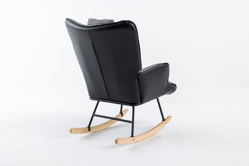 35.5 inch Rocking Chair with Footrest, Soft Houndstooth Fabric Leather Fabric Rocking Chair for Nursery, Comfy Wingback Glider Rocker with Safe Solid Wood Base for Living Room Bedroom Balcony (black)