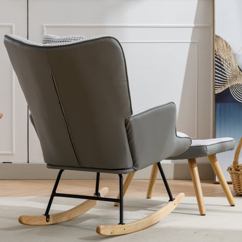 35.5 inch Rocking Chair, Soft Houndstooth Fabric Leather Fabric Rocking Chair for Nursery, Comfy Wingback Glider Rocker with Safe Solid Wood Base for Living Room Bedroom Balcony (light grey)