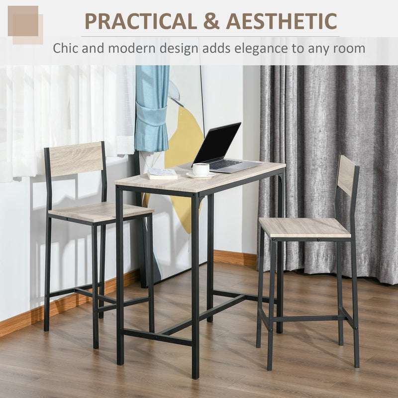 3 Piece Bar Table and Chairs, Industrial Dining Table Set for 2, Counter Height Kitchen Table with Bar stools, Breakfast Table Set for 2 for Small Space, Natural