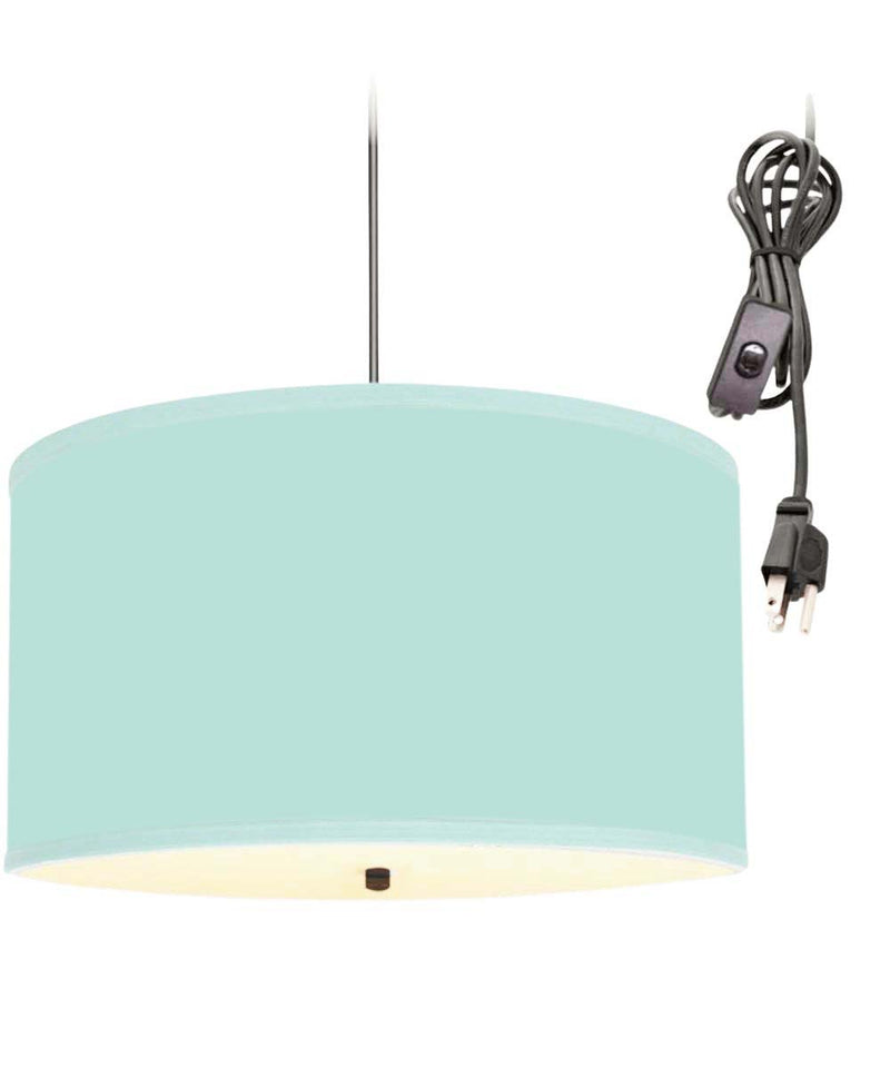 2 Light Swag Plug-In Pendant 16"w Island Paradise Aqua Linen Drum with Diffuser, Black Cord