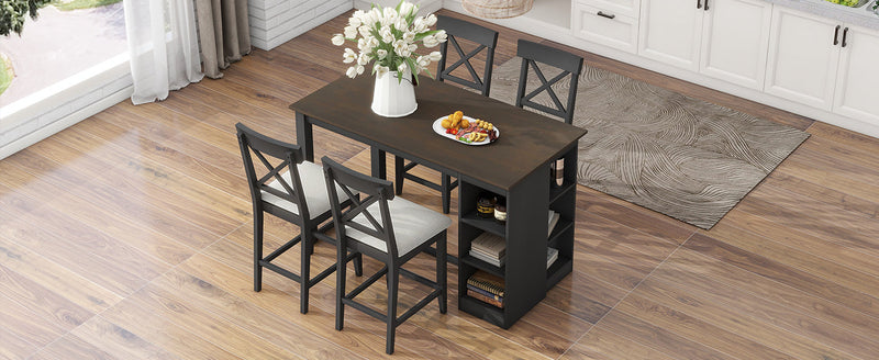 60"Lx30"W Solid Wood Farmhouse Counter Height Dining Table Set with 3-Tier Storage Shelves, Upholstered Dining Chairs for 4, 5-Piece, Gray