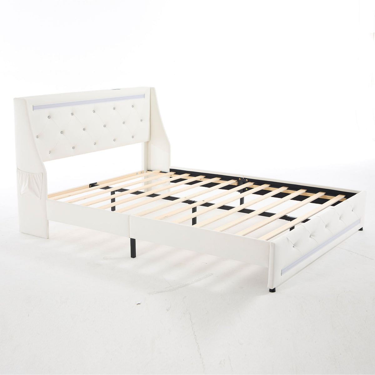 Wingback Upholstered Bed Frame With LED Lights, Charging Station, photo 16 of 40