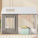 Twin Size House Platform Bed With Roof And Window - Natural / White