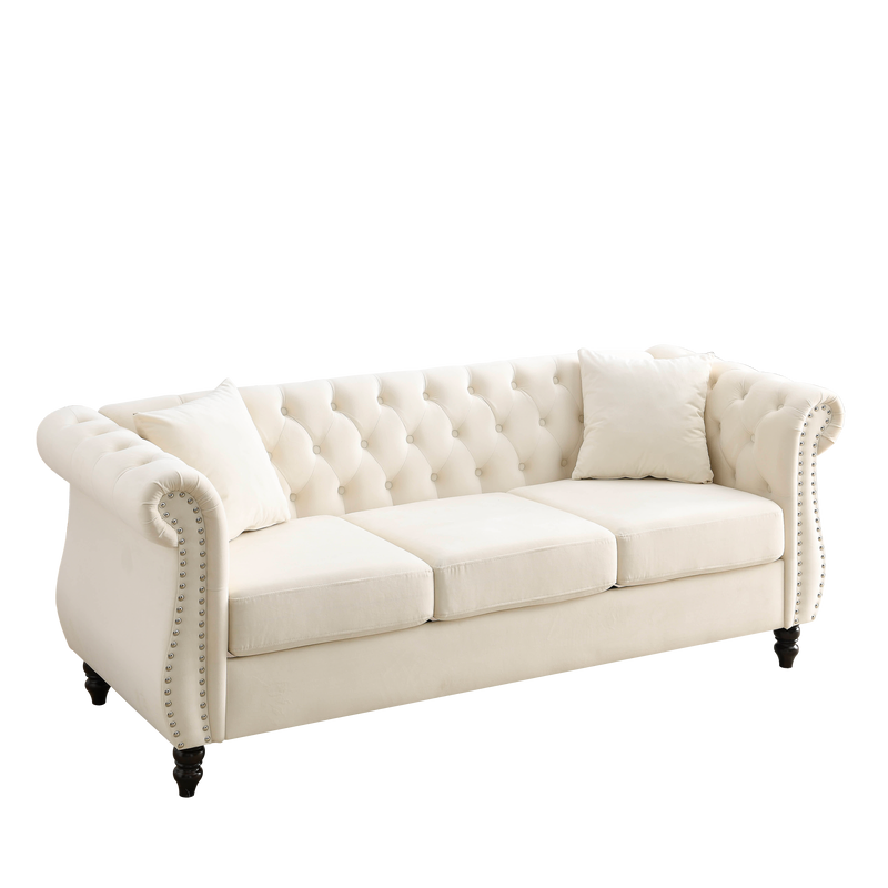 80" Chesterfield Sofa Beige Velvet for Living Room, 3 Seater Sofa Tufted Couch with Rolled Arms and Nailhead for Living Room, Bedroom, Office, Apartment, two pillows