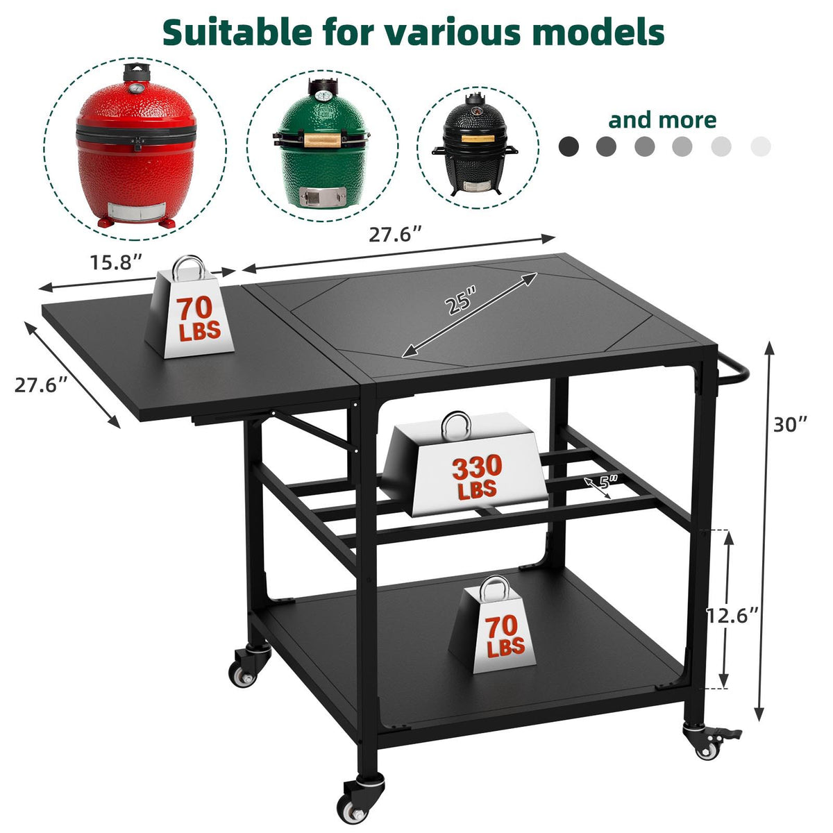 Outdoor Grill Table, Prep Cart With Wheels, Storage Shelf And Hooks - Black, photo 3 of 12
