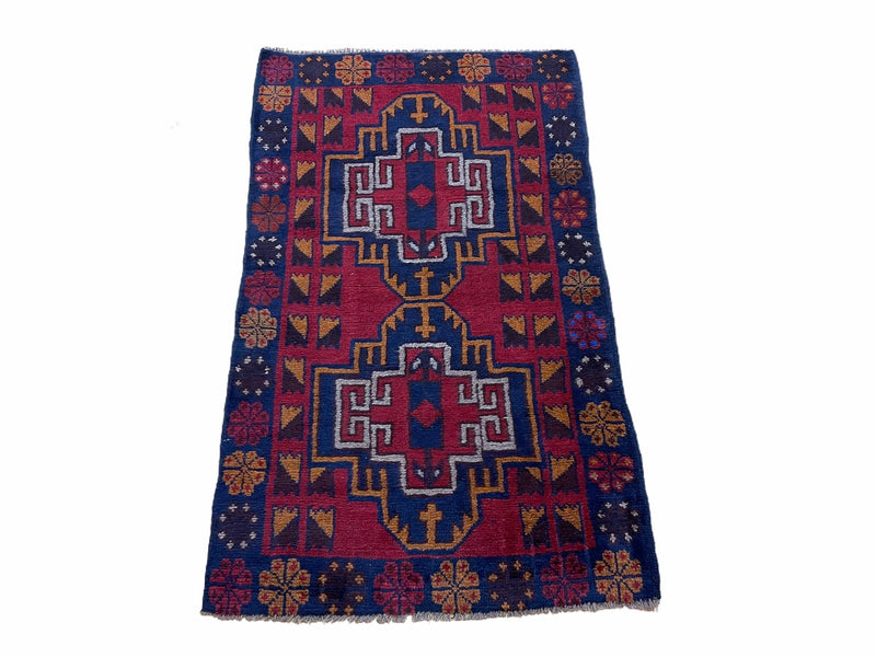 3 X 4.3 Vintage Handmade Tribal Wool Rug Balouch Rug Afghan Rug Red Blue Nice