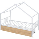 Twin Size Metal House Bed with Two Drawers, White