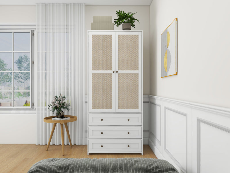 Walker Edison - 2-Door Wardrobe with 3 Drawers High Wardrobe  Armoire With 2 Rattan Door For Living Room, Bedroom Organizer