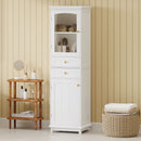 Tall Bathroom Storage Cabinet With Glass Doors, Free-Standing, Two Drawers, And Adjustable Shelves, Board, Painted Perfect For Displaying Your Favorite Items