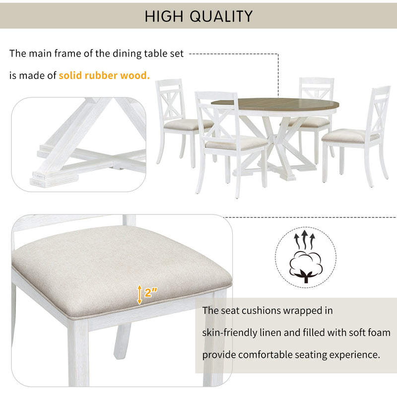 5-Piece Retro Functional Dining Table Set Extendable Round Table and 4 Upholstered Chairs for Dining Room and Living Room (Brown+Antique White)