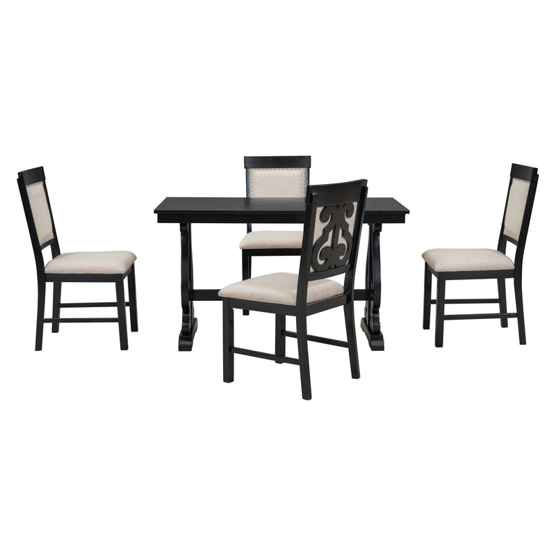 5-Piece Retro Dining Set, Rectangular Wooden Dining Table and 4 Upholstered Chairs for Dining Room and Kitchen (Black)