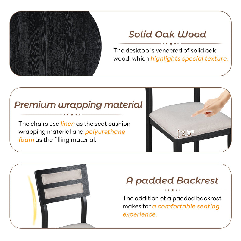 5-Piece Multifunctional Dining Table Set, Farmhouse Dining Set with Extendable Round Table,Two Small Drawers and 4 Upholstered Dining Chairs for Kitchen and Dining Room (Black)