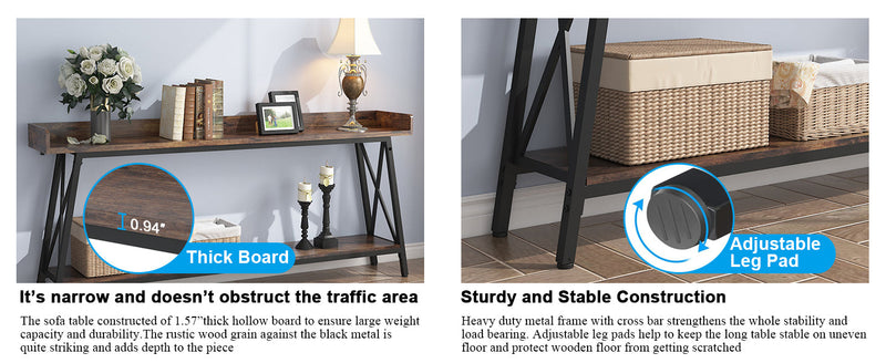 70.87 inch Extra Long Console Table Behind Couch, Rustic Industrial Sofa Table for Living Room, Narrow Entryway Hallway Long Bar Table, Brown+Black