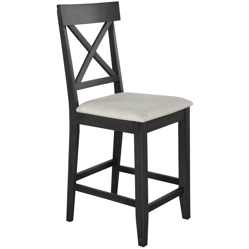 60"Lx30"W Solid Wood Farmhouse Counter Height Dining Table Set with 3-Tier Storage Shelves, Upholstered Dining Chairs for 4, 5-Piece, Gray