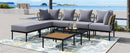 8-Piece Patio Sectional Sofa Set with Tempered Glass Coffee Table and Wooden Coffee Table for Outdoor Oasis, Garden, Patio and Poolside (Light Grey Cushion + Black Steel)