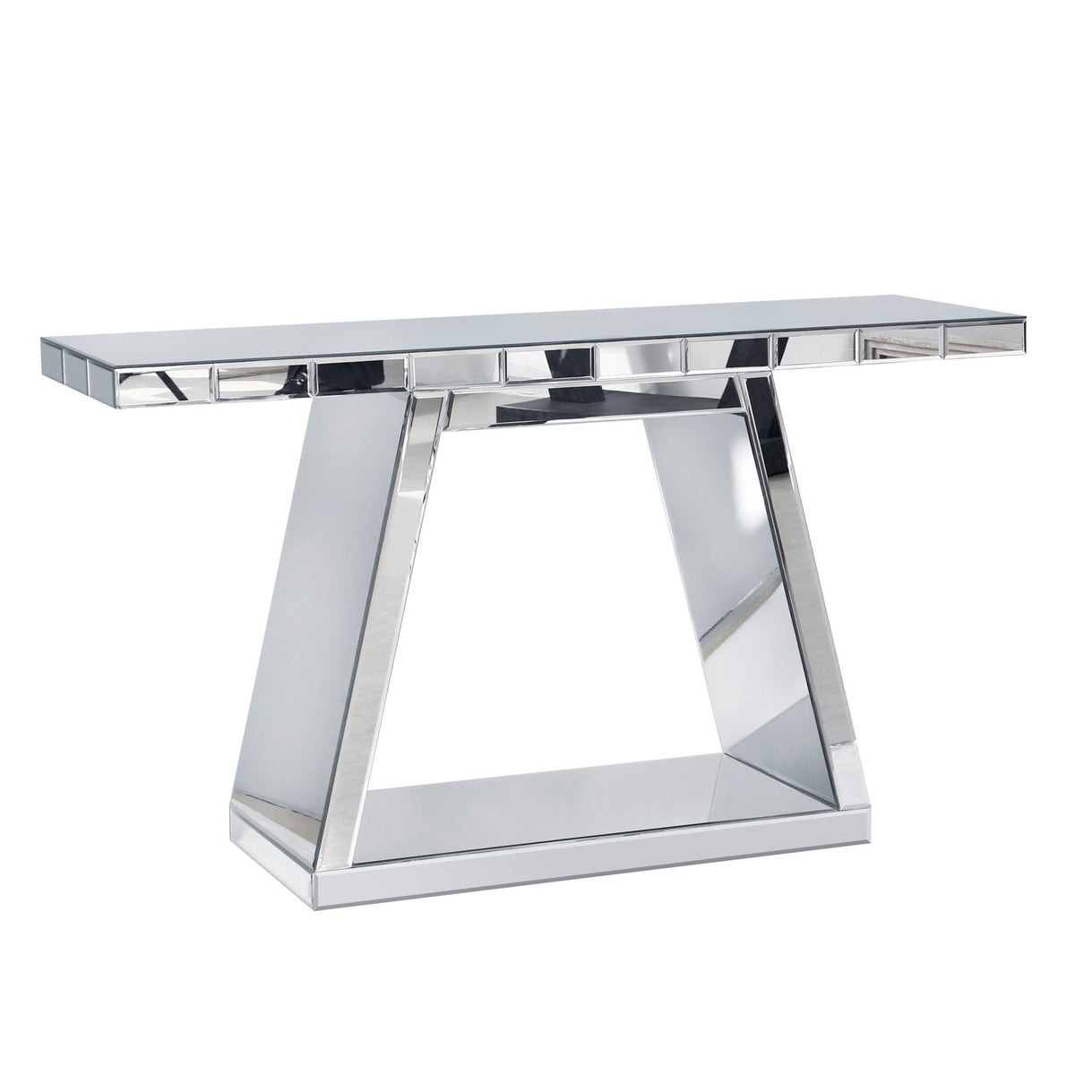 Modern Luxe Full Body Mirror Entryway Table With Trapezoid Base, 360° Reflective Console, Scratch Resistant, Open Storage - Silver, photo 3 of 7
