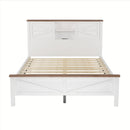 3-Pieces Bedroom Sets Queen Size Farmhouse Platform Bed with Double Sliding Door Storage Headboard, Storage Nightstand and Dresser, White+Brown