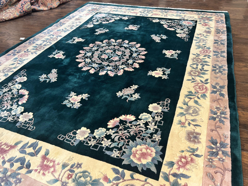 Chinese Art Deco Rug 9x12, Wool Hand Knotted Vintage Carpet, Dark Green & Cream, 90 Line Carving Rug