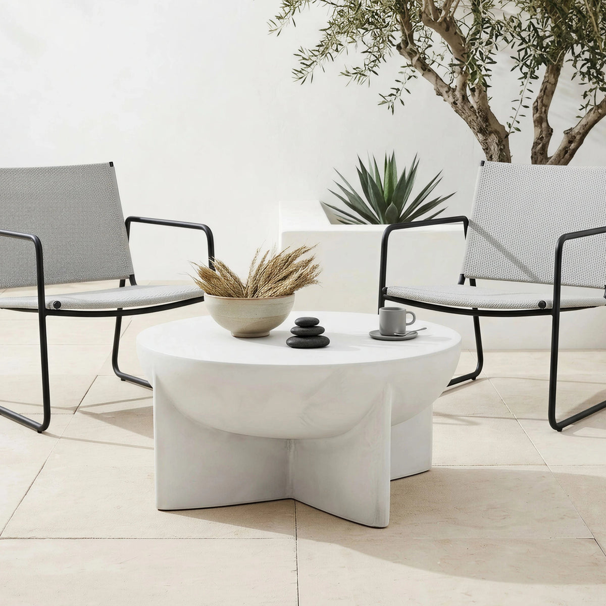 Matte White Round Coffee Table, Magnesium Oxide Sculptural Tripod Base, photo 5 of 9