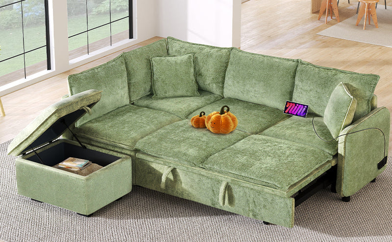 82.67"Convertible Sofa Bed Sectional Sofa Sleeper L-shaped Sofa with a Storage Ottoman,Two Pillows, Two Power Sockets and Two USB Ports for Living Room, Green
